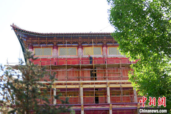 圖為5月上旬，甘肅山丹縣大佛寺內(nèi)，工作人員對古建筑大雄寶殿進(jìn)行修繕。 中新社記者 高展 攝