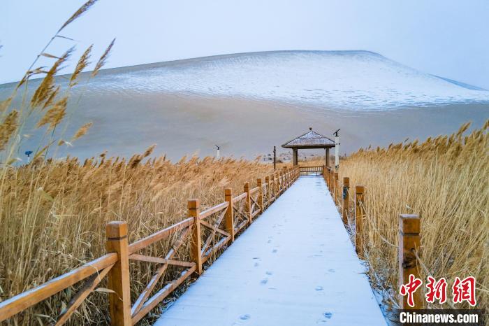 2021年11月28日，在敦煌鳴沙山月牙泉景區(qū)，沙雪交融，更顯北國風情?！⊥醣筱y 攝