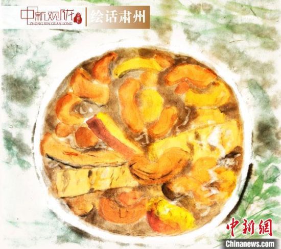 圖為酒泉美食“糊鍋”繪畫作品。　杜興彥 攝