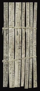 漢簡(jiǎn)《康居王使者冊(cè)》。此簡(jiǎn)記載了西域康居國(guó)使者前來(lái)“進(jìn)貢”駱駝，抵達(dá)敦煌遇到不公后反映問(wèn)題，朝廷受理解決的經(jīng)過(guò)。新華社發(fā)（甘肅簡(jiǎn)牘博物館供圖）